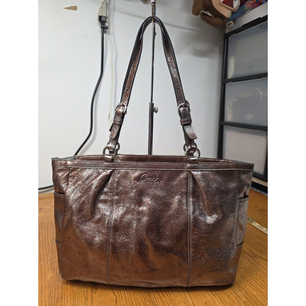 Coach F17721 Metallic Pink Pewter Gallery Signature East West Leather Tote